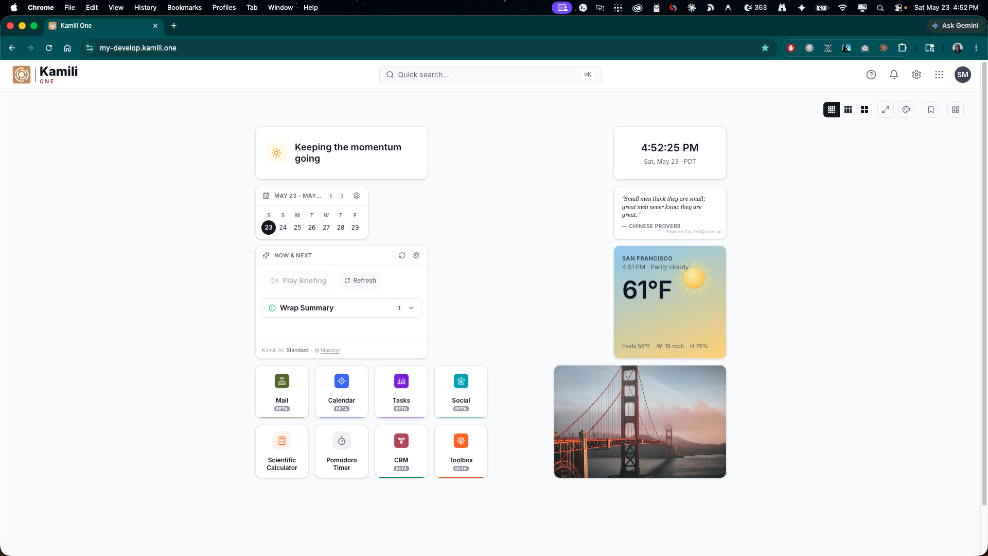Kamili One Launchpad — widgets, search, and active apps in one view